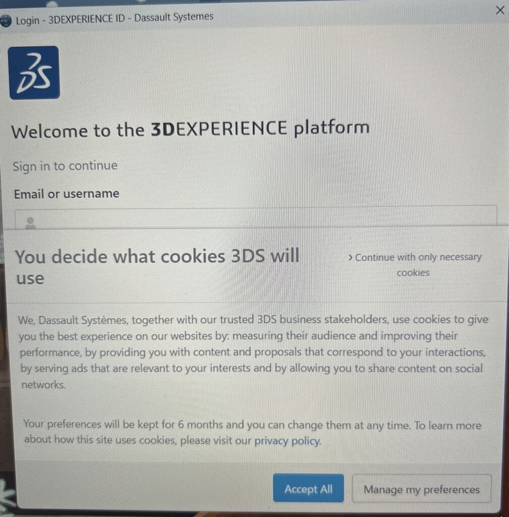 3DEXPERIENCEのログイン画面とCookie同意画面