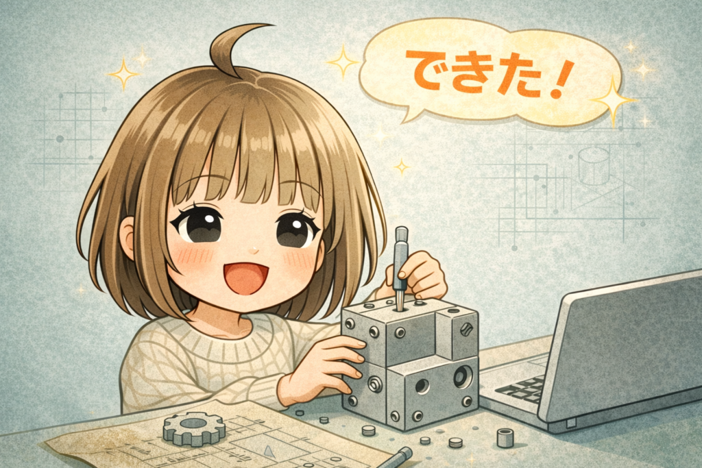 CADで作成した部品を組み立てて完成し喜んでいる女性のイラスト