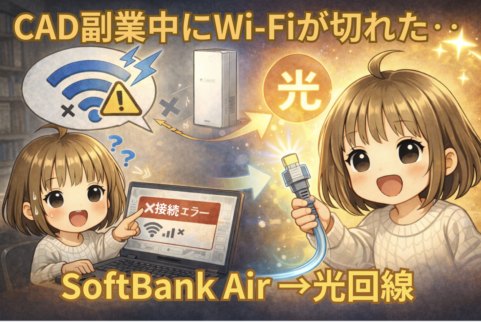 CAD副業中にWiFiが切れた体験と光回線に乗り換えたイメージ