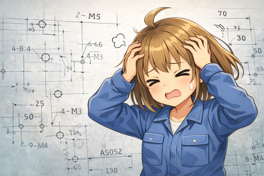 寸法や穴が多くて分かりにくい図面に困っている様子