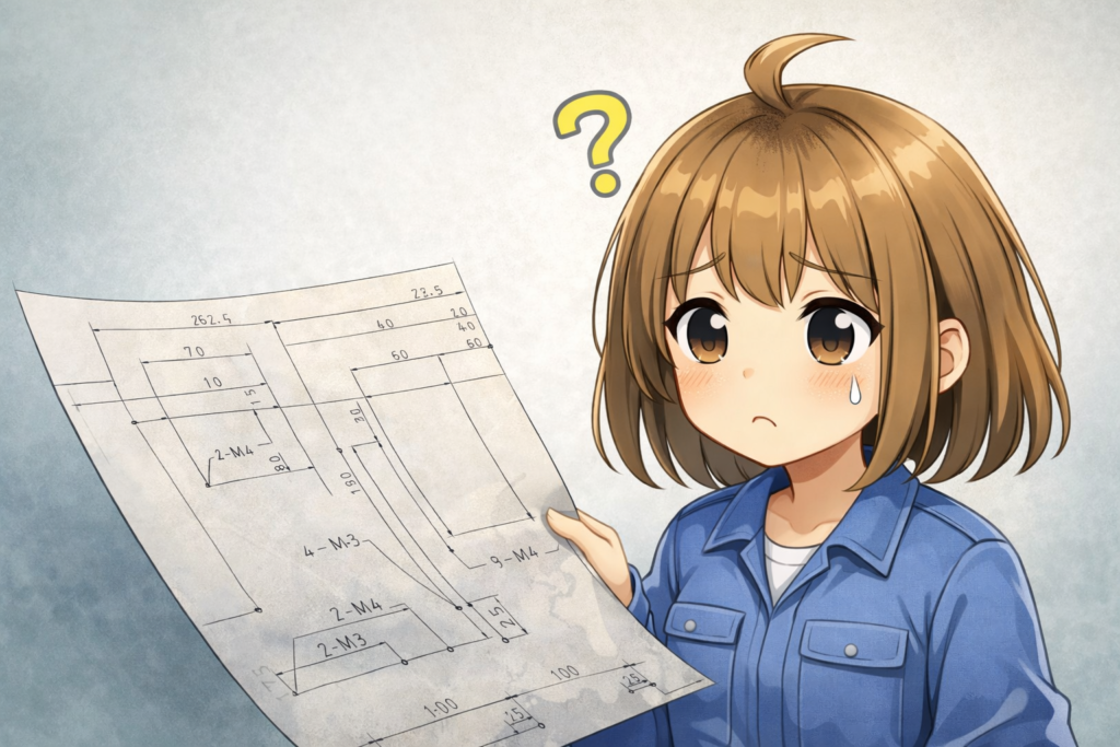 図面の読み方が分からず悩んでいる初心者のイメージ