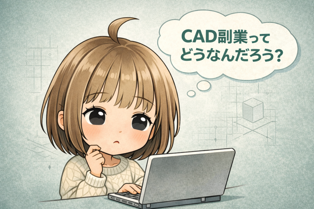ノートパソコンを見ながらCAD副業について悩んでいる女性のイラスト