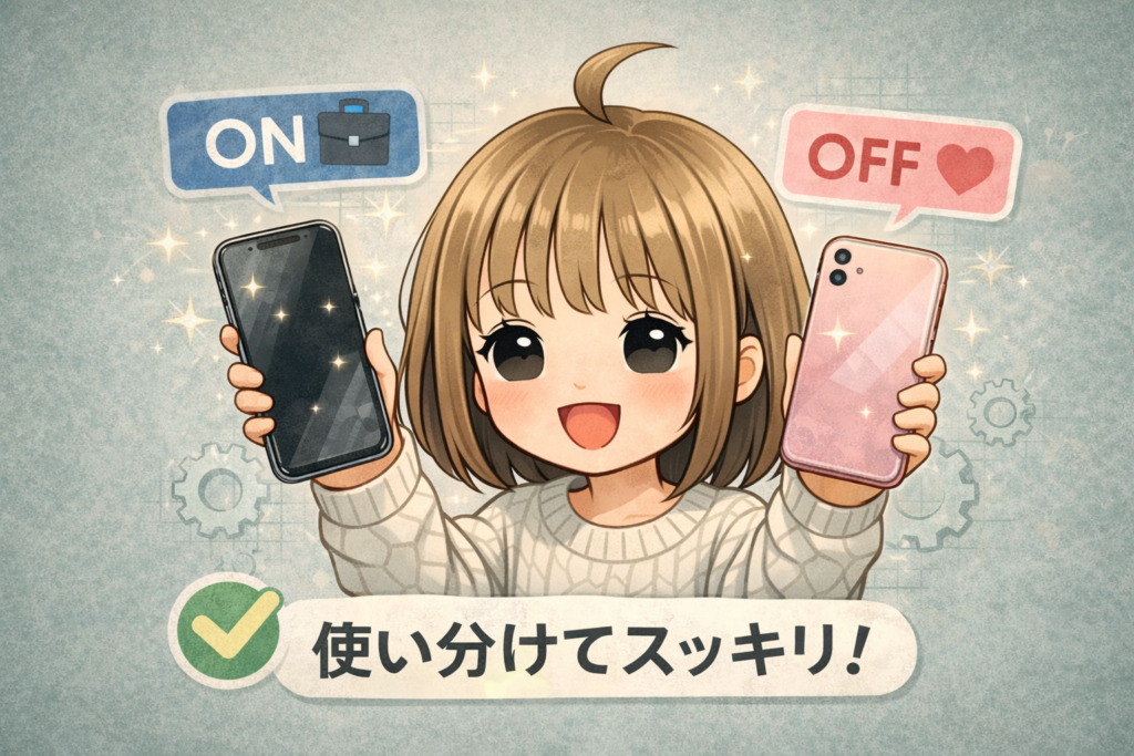 仕事用とプライベート用でスマホを分けてスッキリしているイメージ