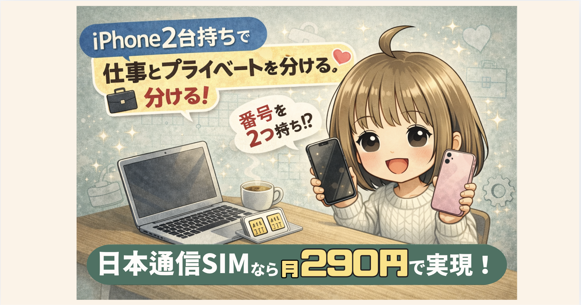 iPhone2台持ちで仕事とプライベートを分けるイメージ 日本通信SIMで月290円から運用できるサムネイル
