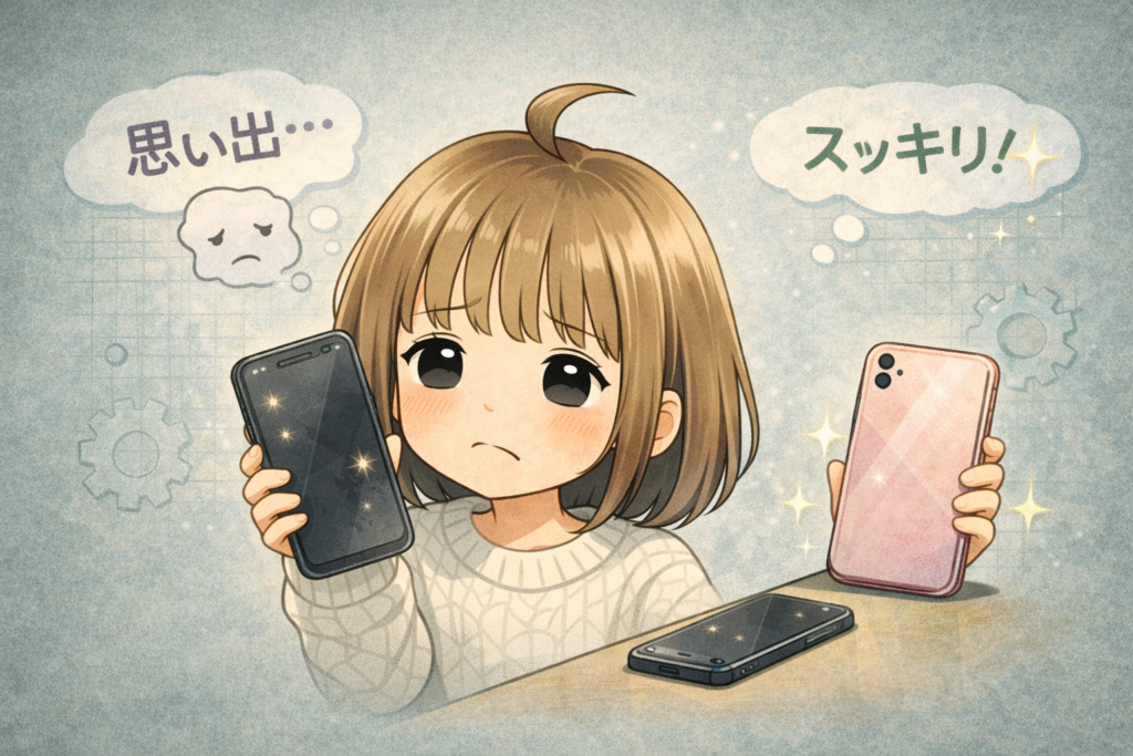 古いスマホと新しいスマホの間で迷っているイメージ 電話番号を残すか解約するか悩んでいる様子