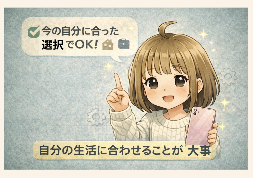 自分に合ったスマホの使い方を選べば良いというイメージ 生活に合わせた選択の大切さ