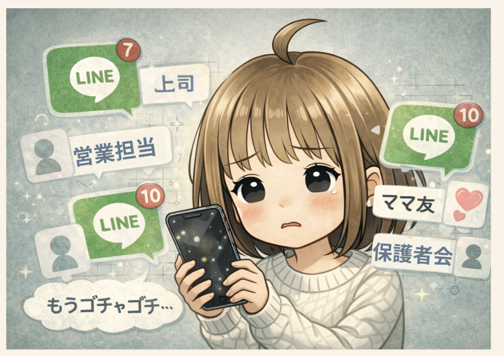 仕事とプライベートの連絡が混ざってストレスを感じているスマホのイメージ