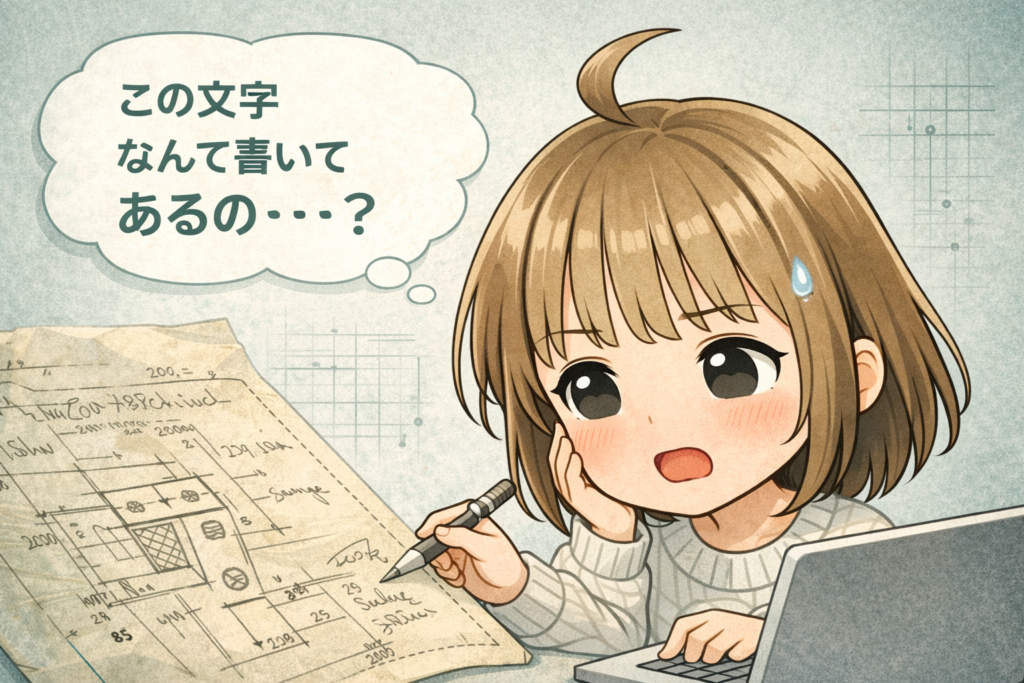 古い手書き図面の文字が読めず困っている女性のイラスト