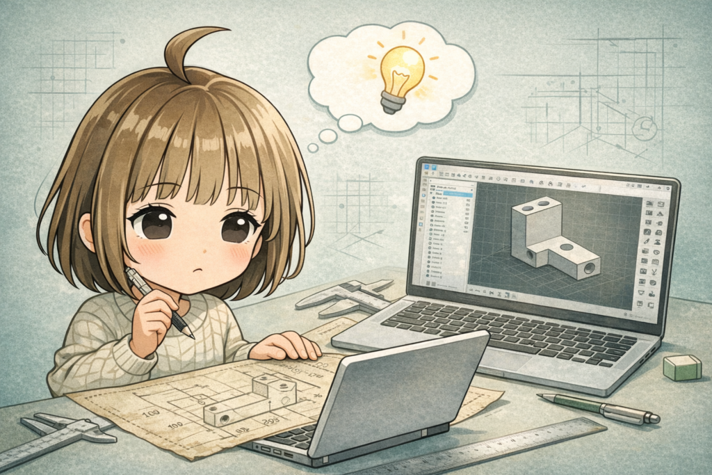 紙の図面を見ながらCADで3Dモデルを作成している女性のイラスト