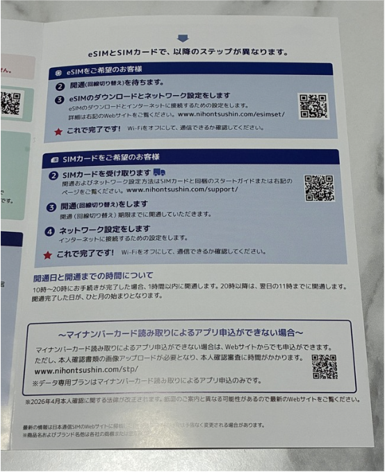 日本通信SIM 開通手順 eSIM SIMカード