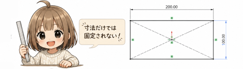 寸法だけではスケッチが固定されないことを説明するイラスト