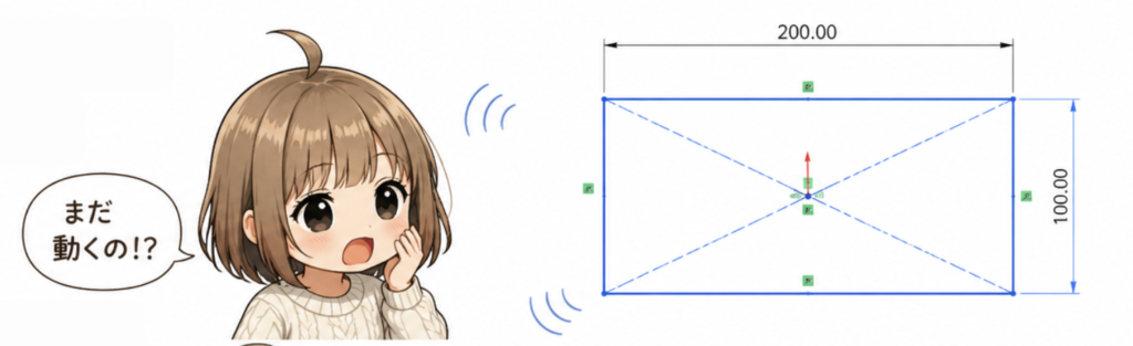 SolidWorksの青いスケッチを見てまだ動くのかと驚いているイラスト