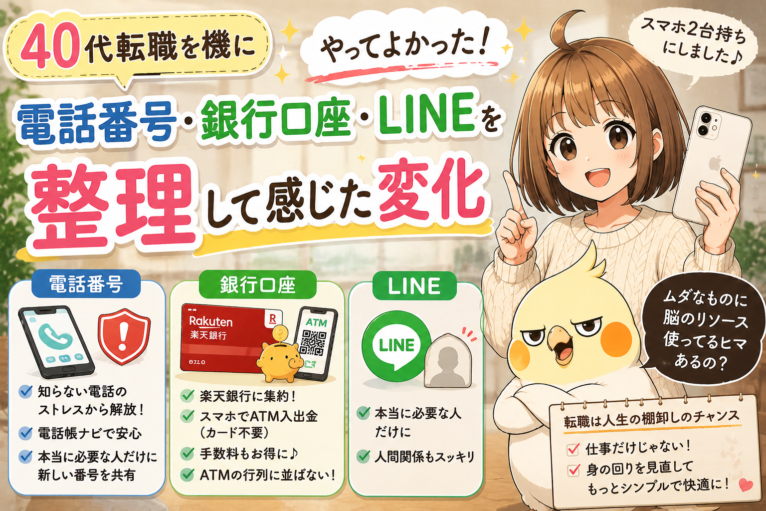 0代転職を機に電話番号・LINE・銀行口座を整理した体験談を紹介するサムネイル