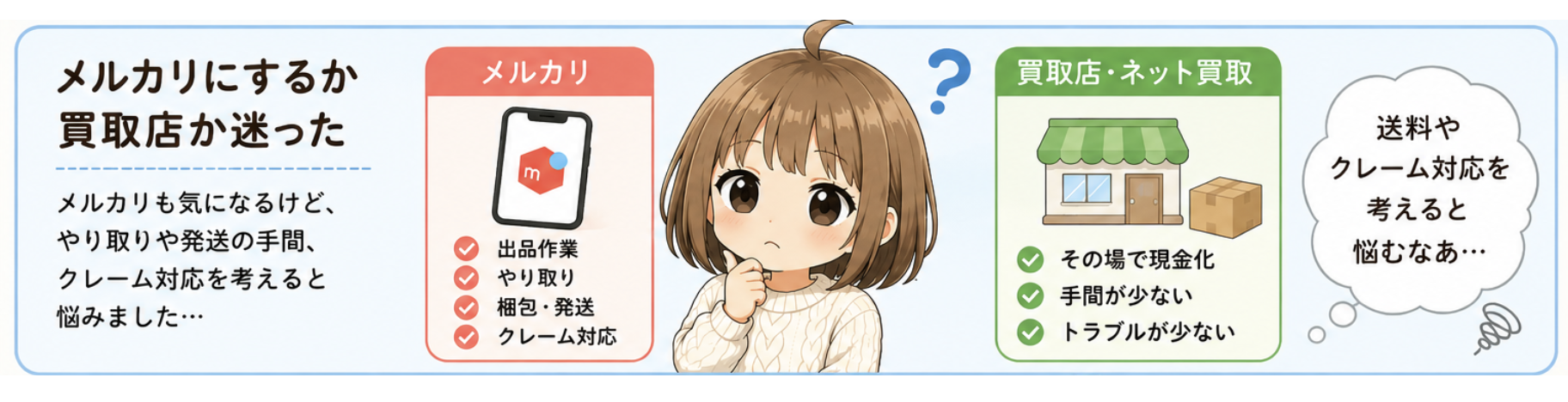 メルカリと買取店を比較して悩むもずく