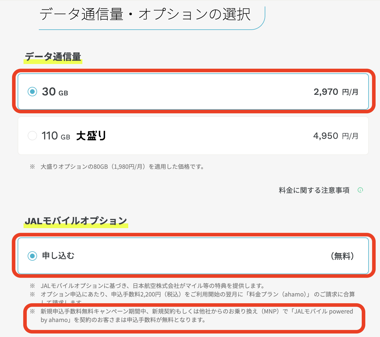 30GBプランとJALモバイルオプション選択画面