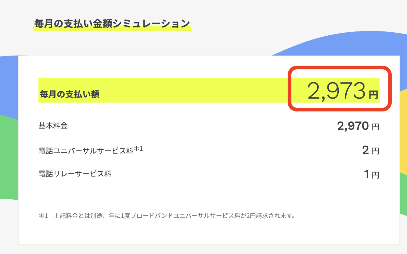 料金シミュレーション画面。¥2,973/月と表示されている