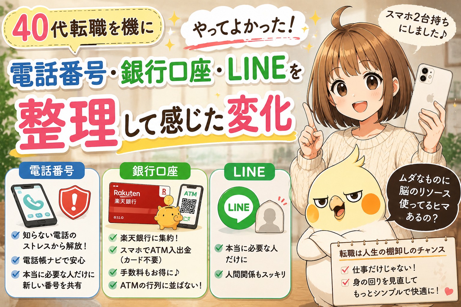 0代転職を機に電話番号・LINE・銀行口座を整理した体験談を紹介するサムネイル