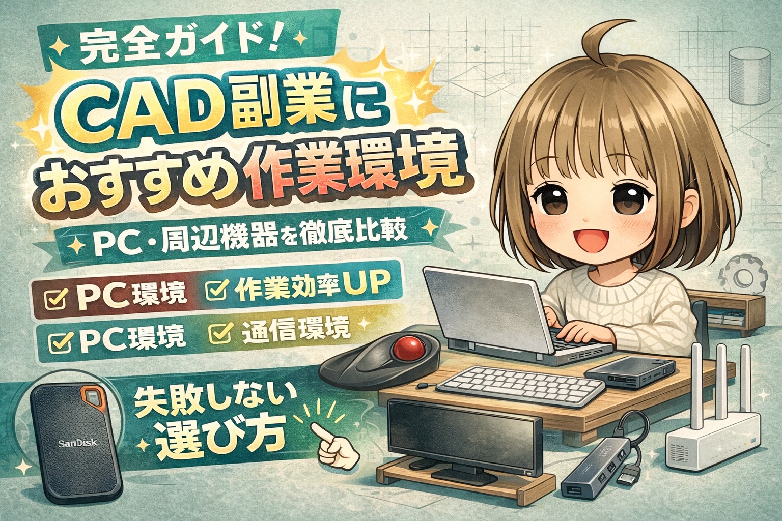 デスクに並んだノートパソコン・モニター・トラックボールマウス・外付けSSD・Wi-Fiルーターと、CAD副業の作業環境を紹介するもずくのイラスト