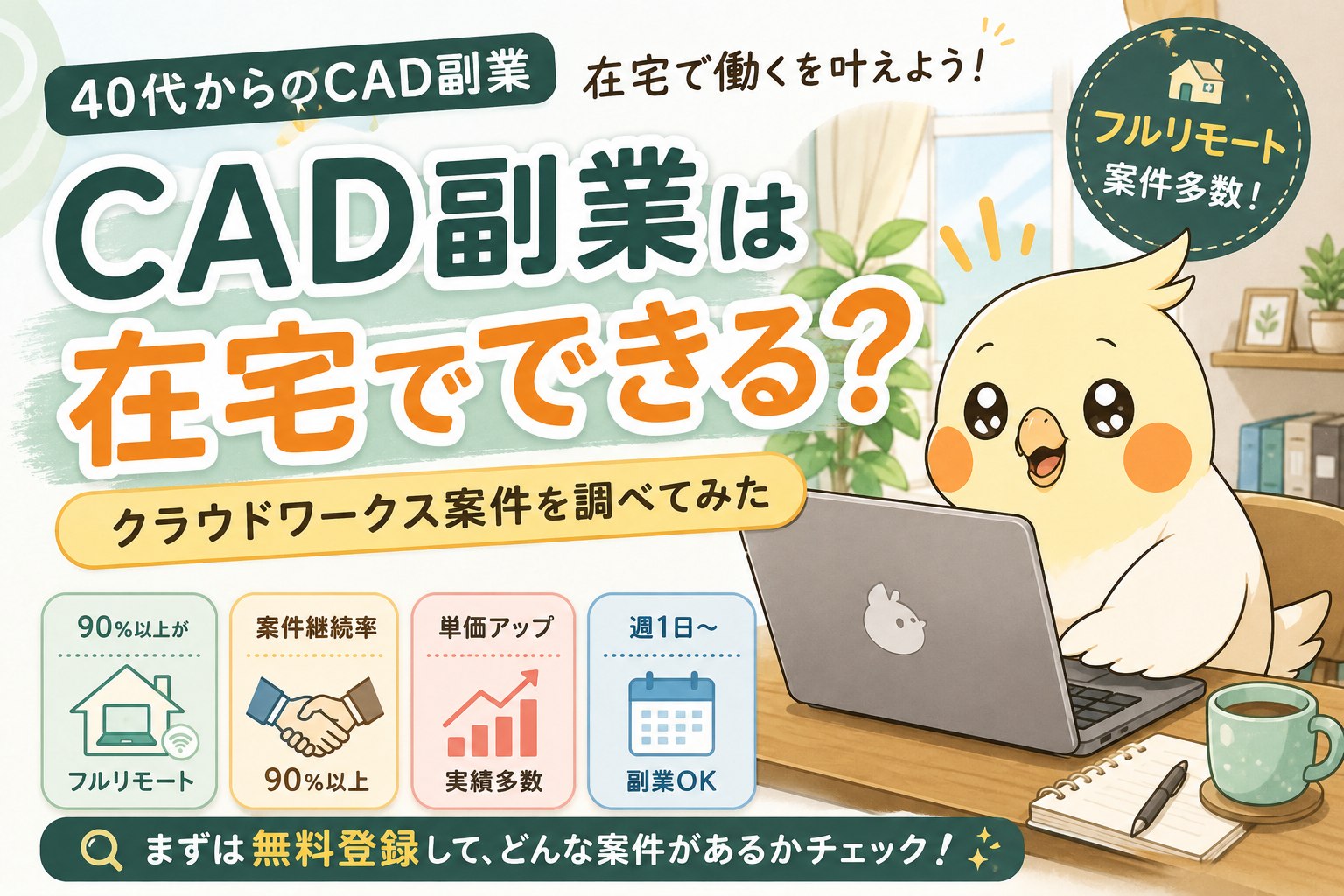 ノートPCで在宅作業をするぴよすけと、CAD副業・フルリモート案件について解説したサムネイル