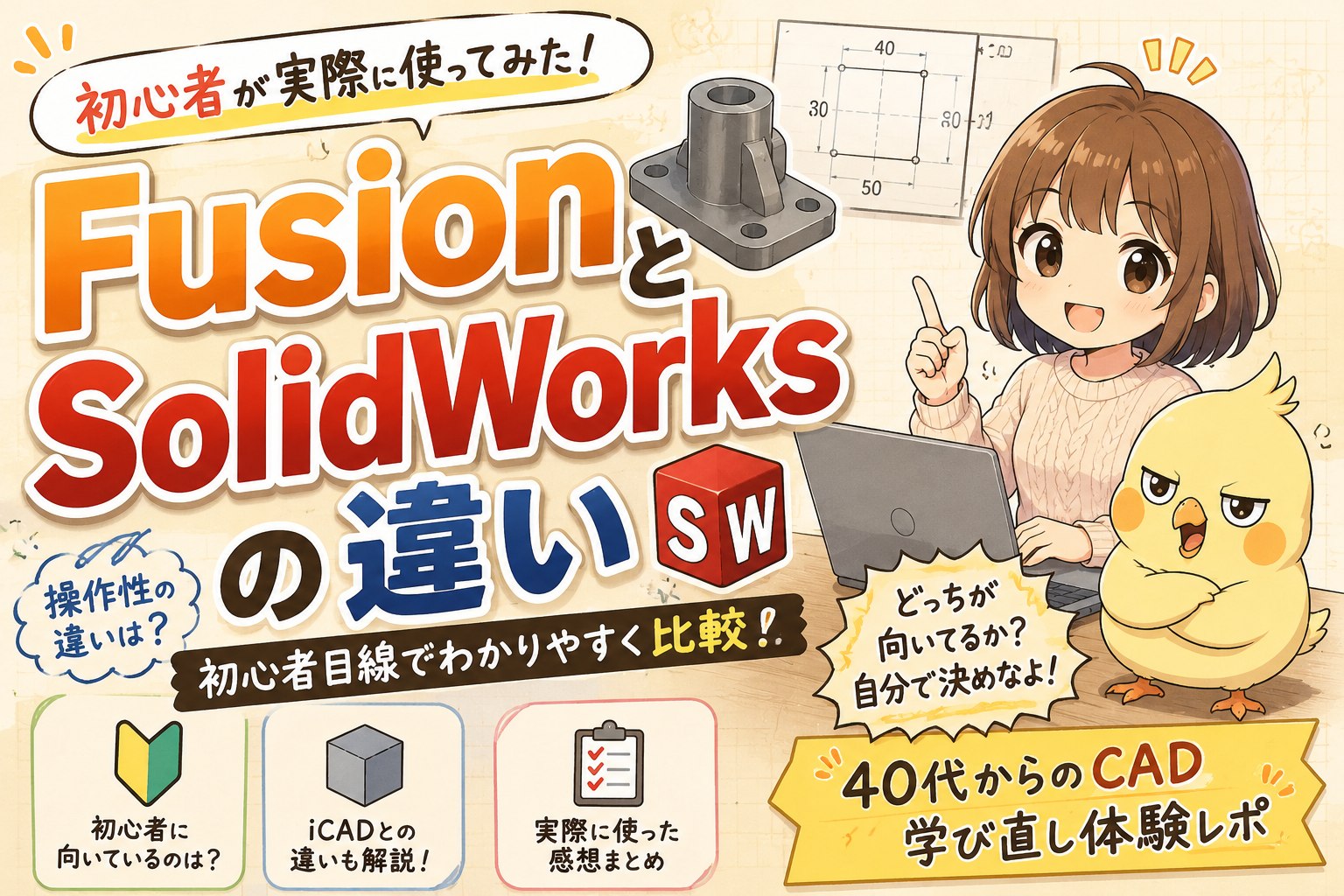 3D部品と図面を背景に、FusionとSolidWorksの違いを初心者目線で比較する記事のサムネイル。もずくとぴよすけが登場