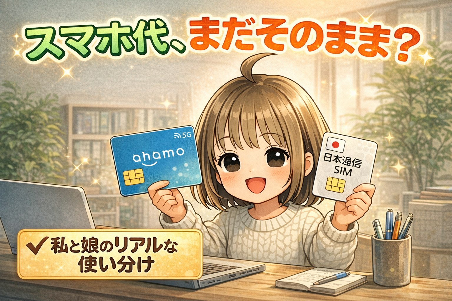 ahamoと日本通信SIMのSIMカードを両手に持って料金を比較する女性のイラスト