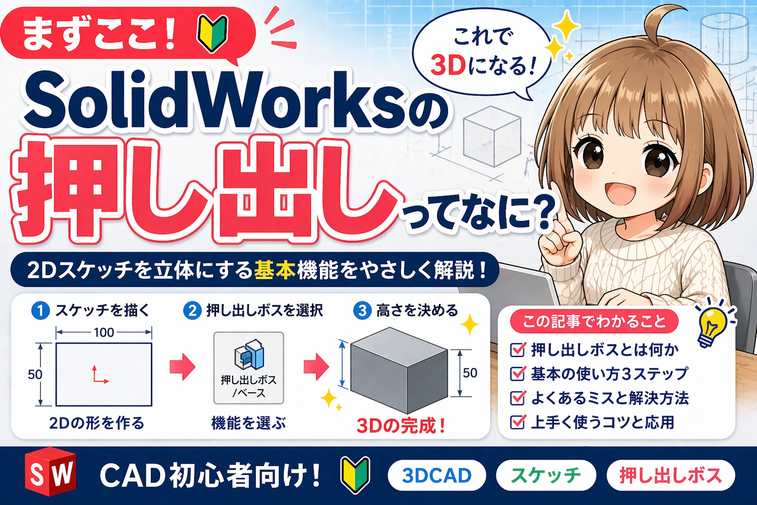 SolidWorksの押し出し機能の基本操作イメージ