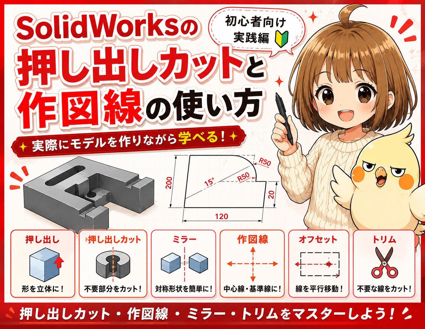 押し出しカットで作ったコの字型の3Dモデルと寸法図、押し出し・押し出しカット・ミラー・作図線・オフセット・トリムの6つの機能をまとめた解説図