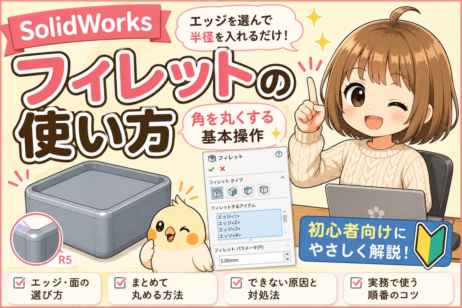 R5のフィレットを付けた角丸の箱とフィレットのプロパティマネージャー画面、エッジ・面の選び方など4つの解説項目を並べたサムネイル。もずくとぴよすけが登場