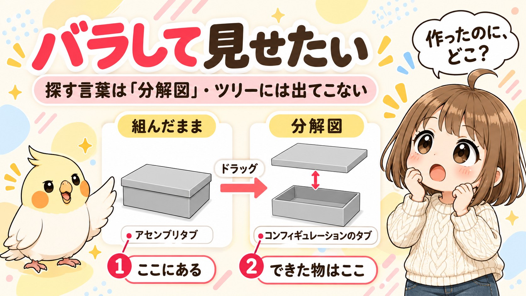 組んだままの箱と、ふたを浮かせた分解図を並べた絵